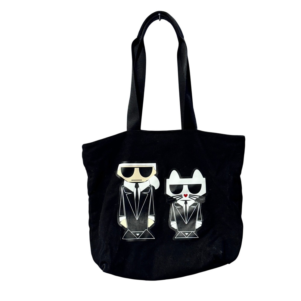 Karl Lagerfeld Paris Black Tote Bag with Iconic Karl and Choupette Graphics